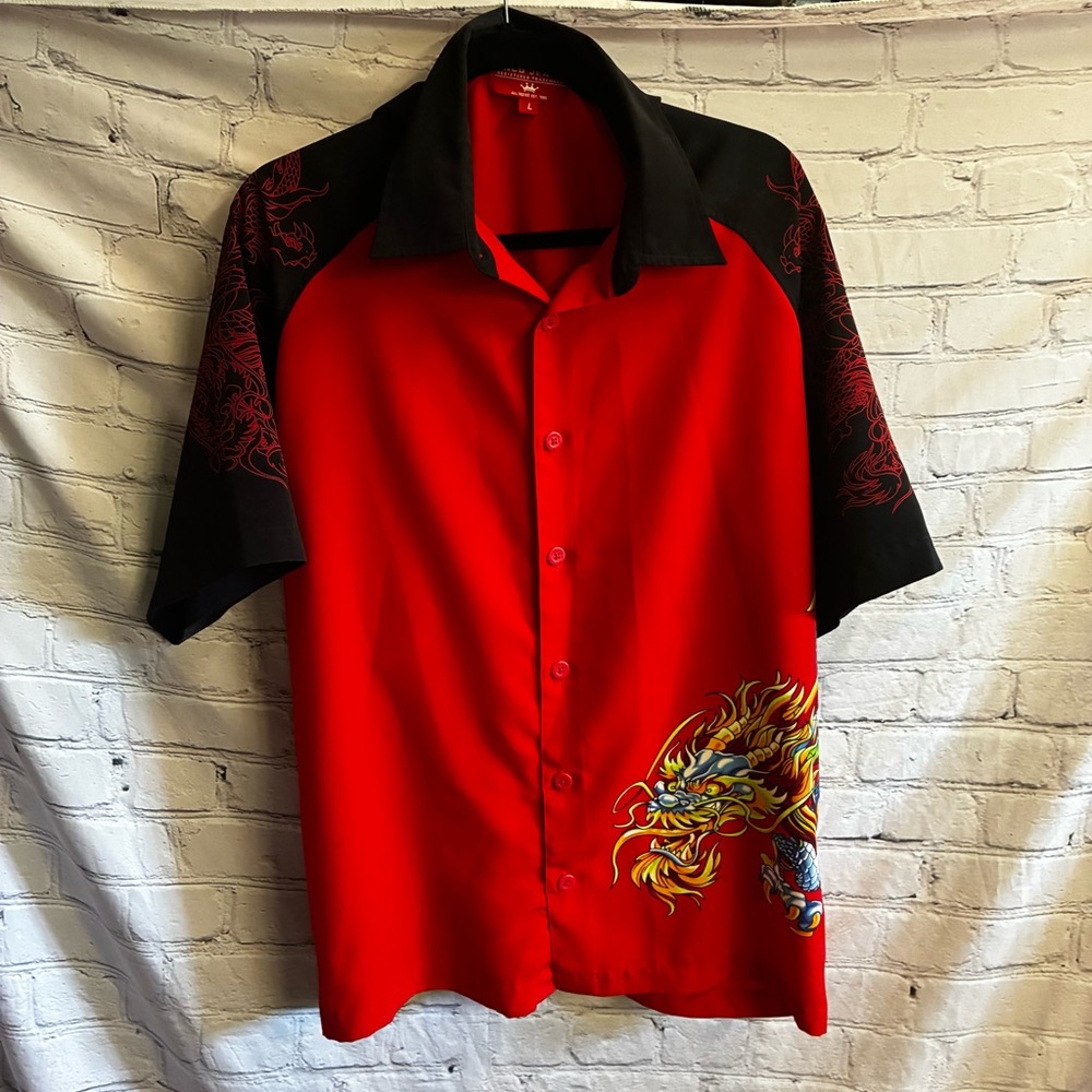VTG Y2K 90s JNCO Men’s Dragon Designs Short‎ Sleeve Button Up Red Black Sz L GUC